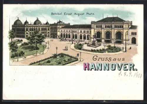 Lithographie Hannover, Bahnhof, Ernst August Platz