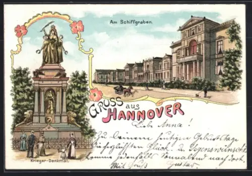 Lithographie Hannover, Am Schiffgraben, Kriegerdenkmal um 1900