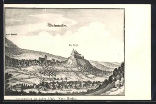 Künstler-AK Badenweiler, Ortsansicht mit Schloss im Jahr 1663, nach Merian