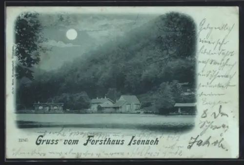 Mondschein-AK Isenach, Blick auf die Gebäude von Isenach