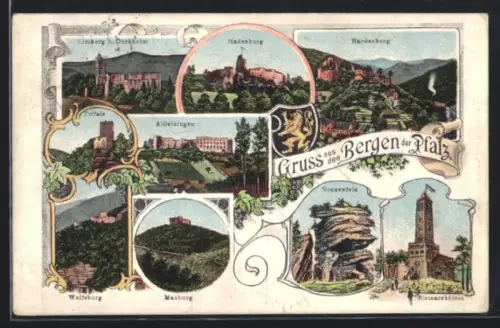 AK Hardenburg /Pfalz, Blick auf die Burganlage, Nonnenfels, Maxburg, Wolfsburg, Bismarckturm