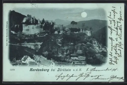 Mondschein-AK Hardenburg bei Dürkheim, Blick auf die Burganlage