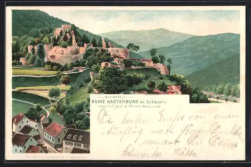 Lithographie Dürkheim, Sicht auf die Ruine Hartenburg
