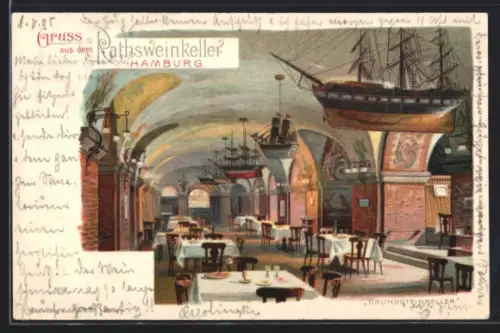 Lithographie Hamburg, Rathsweinkeller, Innenansicht