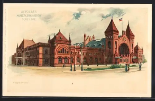 Künstler-AK Hamburg-Altona, Totalansicht des Hauptbahnhofs