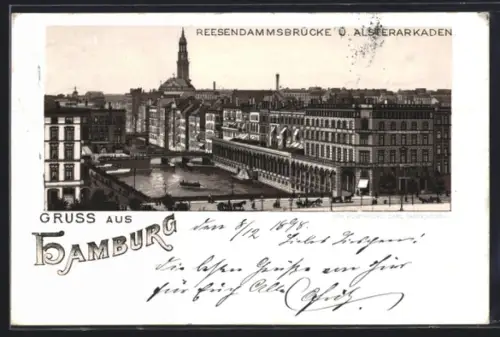 Lithographie Hamburg, Reesendammbrücke, Alsterarkaden