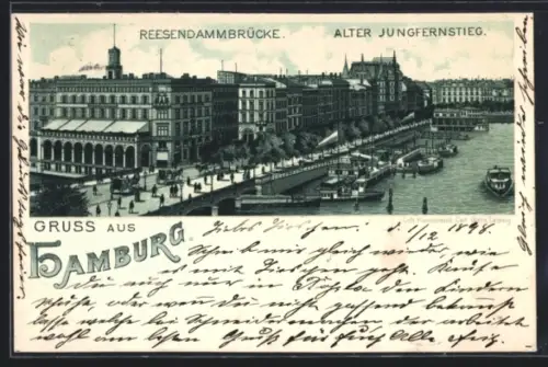 Lithographie Hamburg, Reesendammbrücke und Alter Jungfernstieg