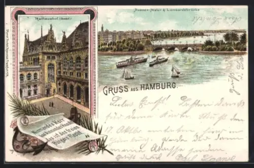 Lithographie Hamburg-Neustadt, Rathaushof, Aussen-Alster und Lombardsbrücke