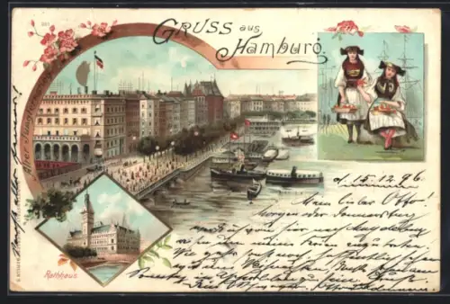 Lithographie Hamburg-Neustadt, Frauen in Tracht, Alter Jungfernstieg mit Dampfern, Rathaus