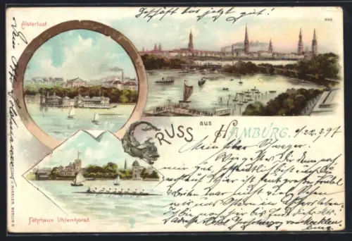 Lithographie Hamburg, Alsterpartie mit Booten, Fährhaus Uhlenhorst