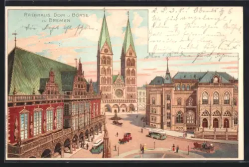 Lithographie Bremen, Rathaus-Dom und Börse mit Strassenbahn