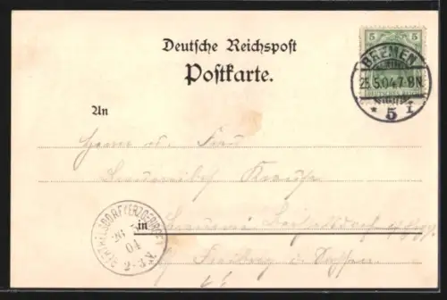 Lithographie Bremen, Rathaus-Dom und Börse mit Strassenbahn