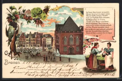 Lithographie Bremen, Blick zum Marktplatz