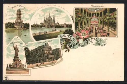 Lithographie Bremen, Hillmann`s Hôtel, Wintergarten, Parkhaus