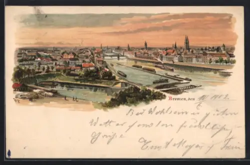 Lithographie Bremen, Blick auf die Stadt mit Weser und Hafengelände