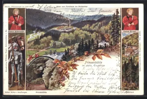 Künstler-AK Hartenstein, Ortsansicht und Prinzenhöhle