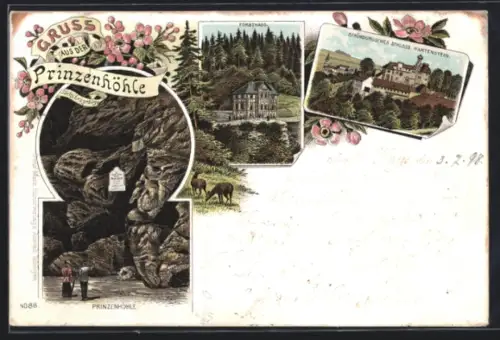 Lithographie Hartenstein, Gasthof Forsthaus, Besucher vor der Prinzenhöhle