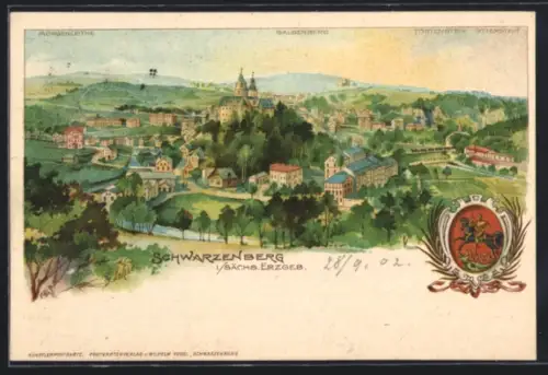 Lithographie Schwarzenberg i. Sächs. Erzgeb., Ortsansicht mit Morgenleithe, Galgenberg und Todtenstein