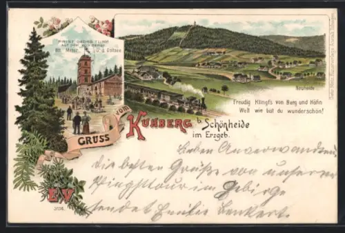 Lithographie Schönheide, Kurhberg, Ortsansicht mit Prinz Georg Turm