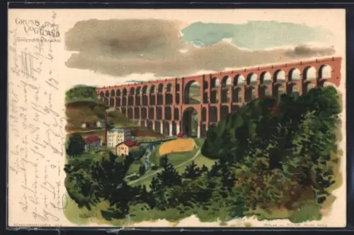 Lithographie Schandau, Göltzschthalbrücke