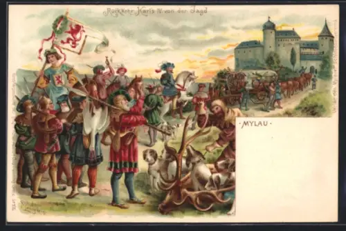 Lithographie Mylau, Rückkehr Karl's IV. von der Jagd, Schloss