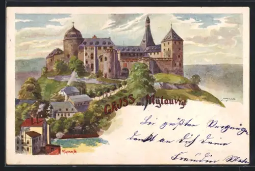 Künstler-AK Mylau i /Vgt., Blick zum Schloss