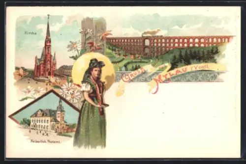 Lithographie Mylau, Kirche, Kaiserl. Postamt