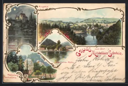 Lithographie Mittweida, Schloss Kriebstein, Raubschloss, Lauenhainer Mühle