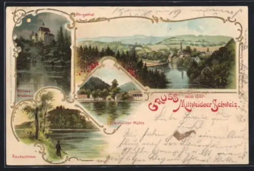 Lithographie Mittweida, Schloss Kriebstein, Raubschloss, Lauenhainer Mühle