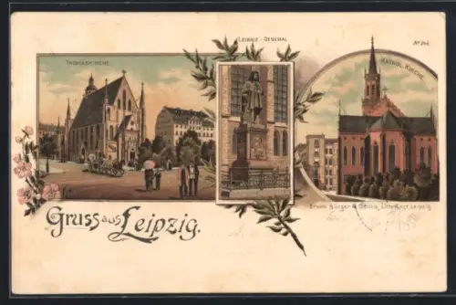 Lithographie Leipzig, Ansicht der Thomaskirche, Leibniz-Denkmal, Kathol. Kirche