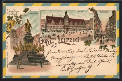 Lithographie Leipzig, Siegesdenkmal, Rathaus, Petersstrasse