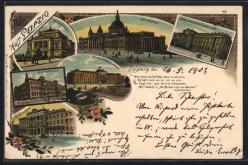 Lithographie Leipzig, Königl. Universitäts-Bibliothek, Reichsgericht, Concerthaus und weitere Ansichten