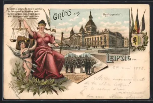 Lithographie Leipzig, Reichsgericht, Grundsteinlegung des Baues durch Kaiser Wilhelm II., Justitia