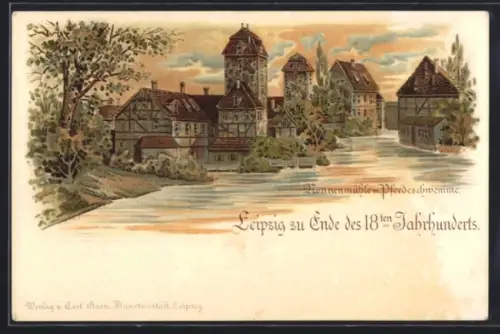 Lithographie Leipzig, Nonnenmühlen mit Pferdeschwemme