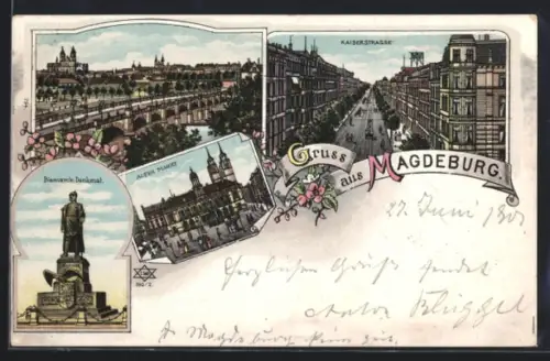 Lithographie Magdeburg, Panorama, Kaiserstrasse, Alter Markt & Bismarck-Denkmal