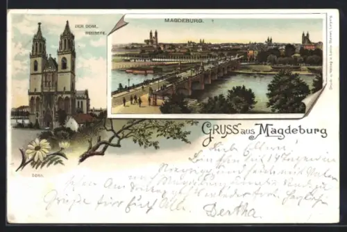 Lithographie Magdeburg, Dom, Westseite, Brücke, Ortsansicht