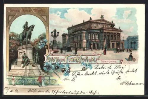 Lithographie Frankfurt /Main, Denkmal Kaiser Wilhelm I. & Opernhaus