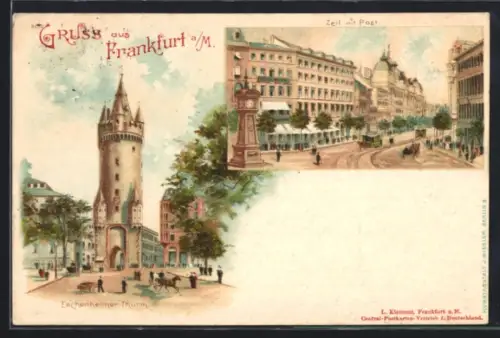 Lithographie Frankfurt /Main, Eschenheimer Turm, Zeil mit Post & Pferdebahn