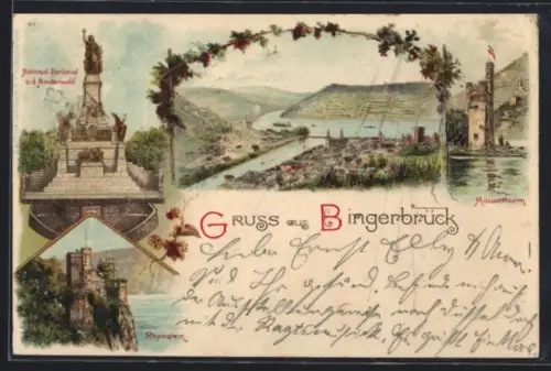 Lithographie Bingerbrück, Gesamtansicht, am Nationaldenkmal, Rheinstein