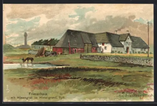 Künstler-AK Sylt, Friesenhaus mit Hünengrab im Hintergrund