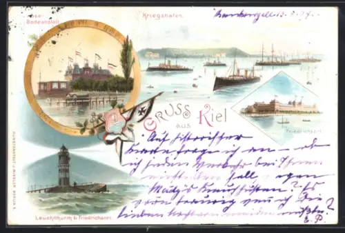 Lithographie Kiel, Kriegshafen, Seebadeanstalt, Leuchtturm