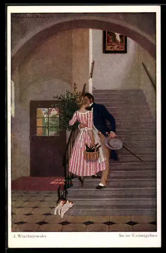 Künstler-AK sign. J. Wischniowsky: So im Vorbeigehen, Mann küsst Frau auf der Treppe