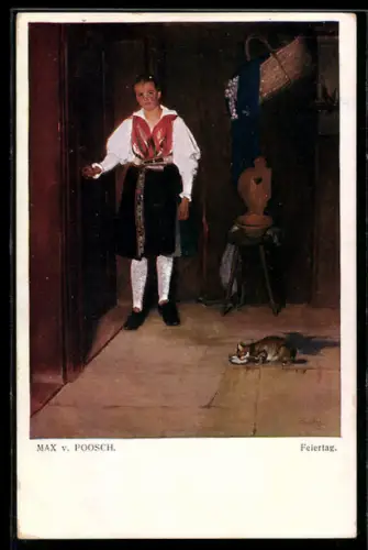 Künstler-AK sign. Max von Poosch: Feiertag, Mädchen in Tracht neben einer Katze an einer Schüssel
