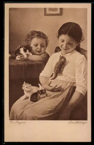 Künstler-AK sign. C. von Bergen: Zwei Kinder mit vier niedlichen Kätzchen