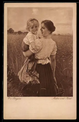 Künstler-AK sign. C. von Bergen: Mutter und Kind, Frau hält ihre Tochter auf dem Arm und läuft über ein Feld