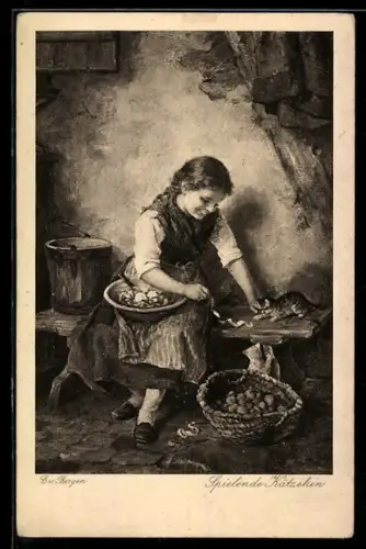 Künstler-AK sign. C. von Bergen: Spielende Kätzchen, Mädchen beim Kartoffelschälen spielt mit einer niedlichen Katze