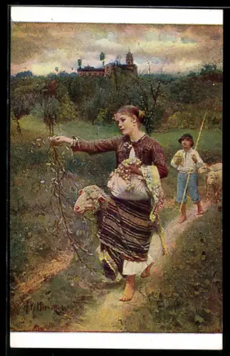 Künstler-AK sign. Michetti: Pastorelle, Junge Frau mit Weintrauben spaziert neben einem Schaf