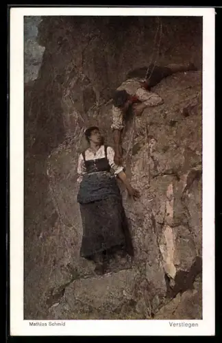 Künstler-AK sign. Mathias Schmid: Verstiegen, Frau und Mann an einer Felswand