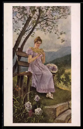 Künstler-AK sign. J. Hörwarter: Die Braut, hübsche junge Frau sitzt mit Blumenstrauss auf einer Bank