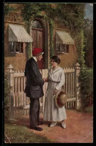 Künstler-AK sign. W. Fol: Ferienabschied, Frau verabschiedet sich vor dem Haus von einem jungen Mann
